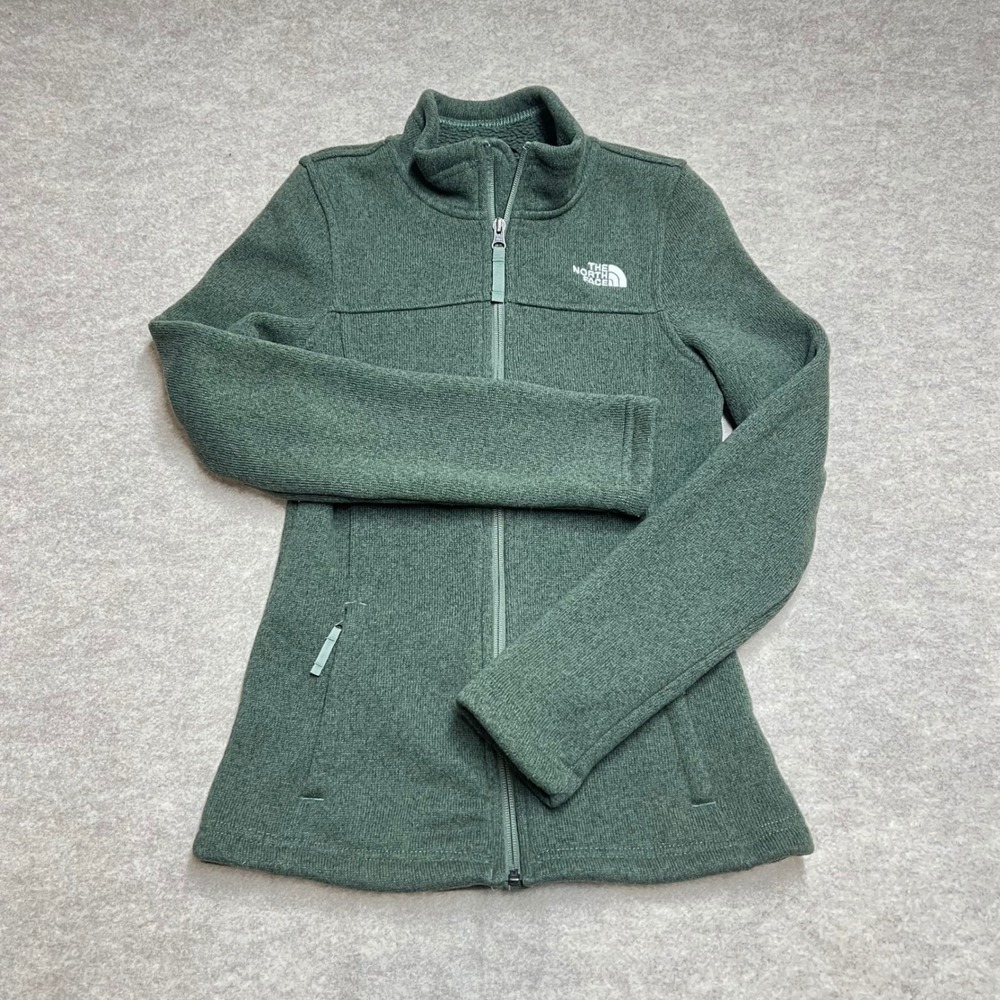 The North Face Crescent Full Zip Fleece Jacket Green Sweater Knit Womens XS EUC
